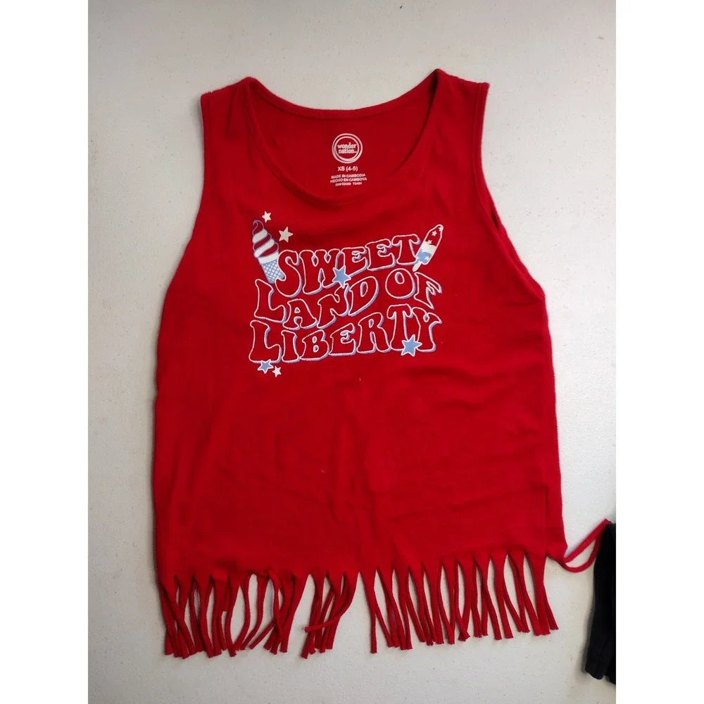 Wonder Nation Girls‎ Red Fringe Tank Black Shorts Set Sweet Land of Liberty XS